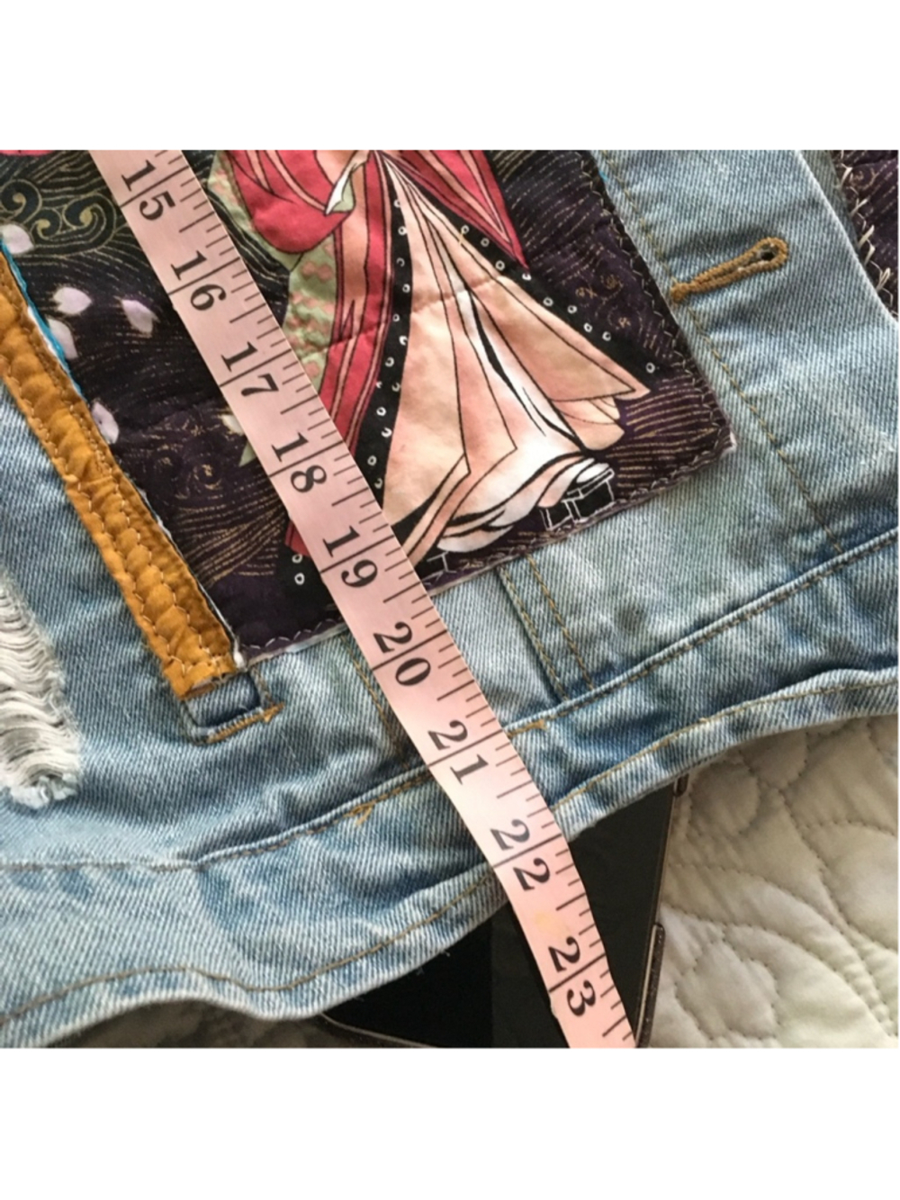 Handmade Upcycled Denim Jacket Geisha Girl Art Kimono XL - Picture 12 of 12